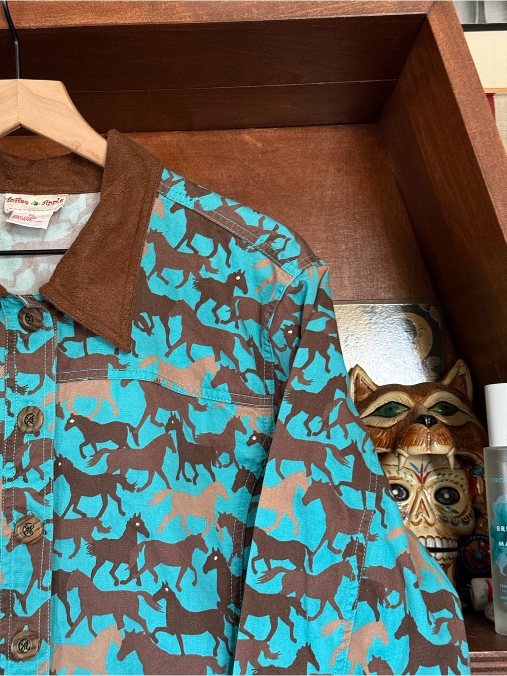 Vintage Toffee Apple - Horse Print Denim Jacket - Teal / Brown - Women’s XL
